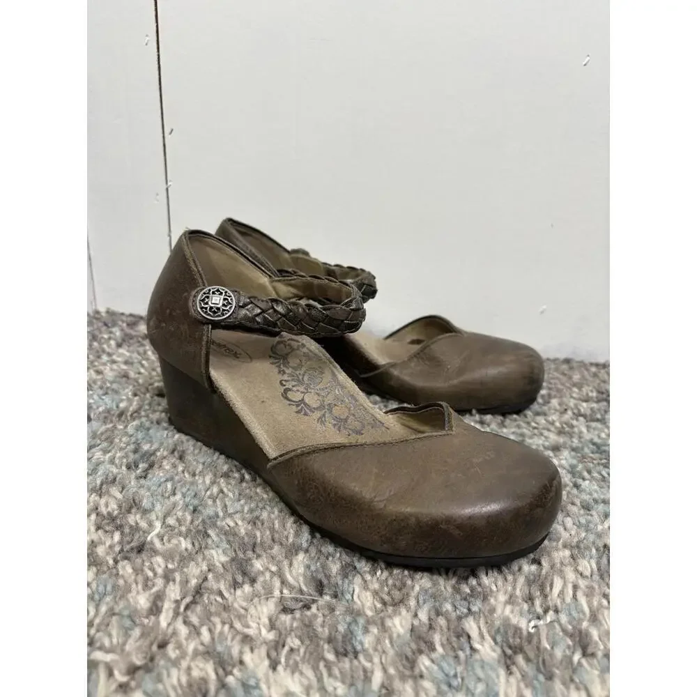 Aetrex Shoes Womens 7.5 Mia Wedge Braided Mary Jane Ankle Strap Leather Brown